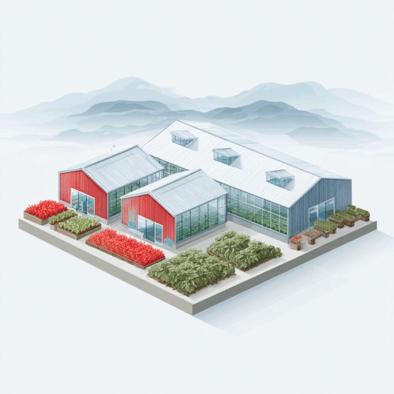 Illustration of a climate-controlled greenhouse in Abbotsford, BC with vegetables and flowers growing in a stable indoor environment under HVAC systems