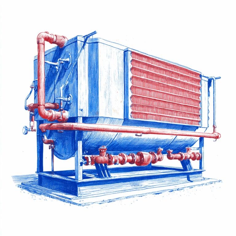 Side view of a clean, industrial agricultural refrigeration condenser unit with visible coils and piping, representing routine HVAC system maintenance for farm environments.
