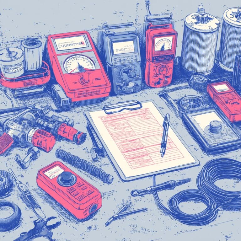 Essential HVAC and refrigeration maintenance tools on a workshop bench, including digital multimeters, infrared thermometers, gauge sets, and a maintenance checklist clipboard used in agricultural service settings