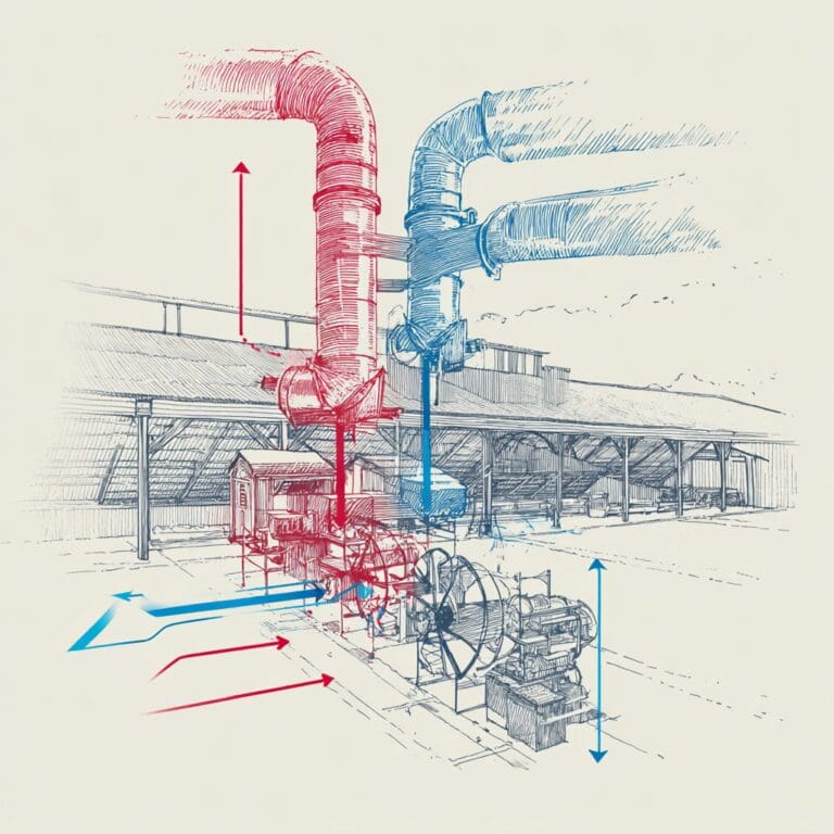 Illustration of an Energy Recovery Ventilator (ERV) system in a winter barn, showing red and blue airflow arrows as warm exhaust air pre-heats incoming cold fresh air through ductwork.