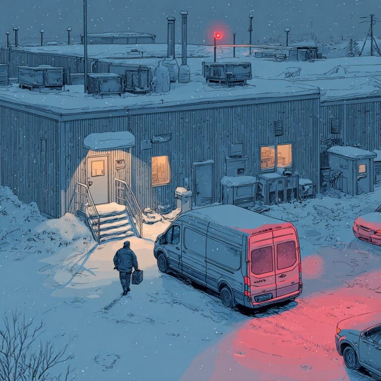 Illustration of a winter emergency boiler repair response at a Canadian commercial facility.