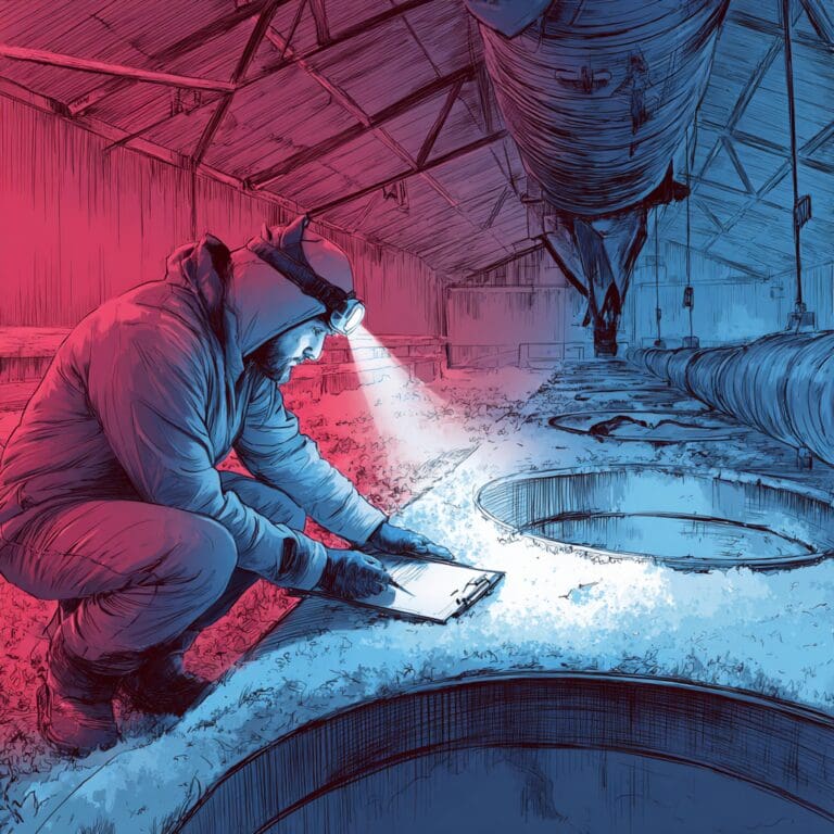 Illustration of a farm technician inspecting a poultry barn’s winter ventilation system. The technician, dressed in full cold-weather gear with a headlamp, is crouched beside a vent while recording notes on a clipboard.